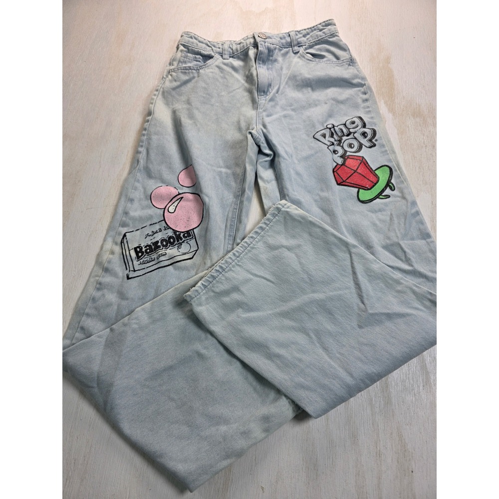 Justice x Bazooka Ring Pop Jeans Girls 12 Light Wash Wide Leg Y2K Graphic Denim